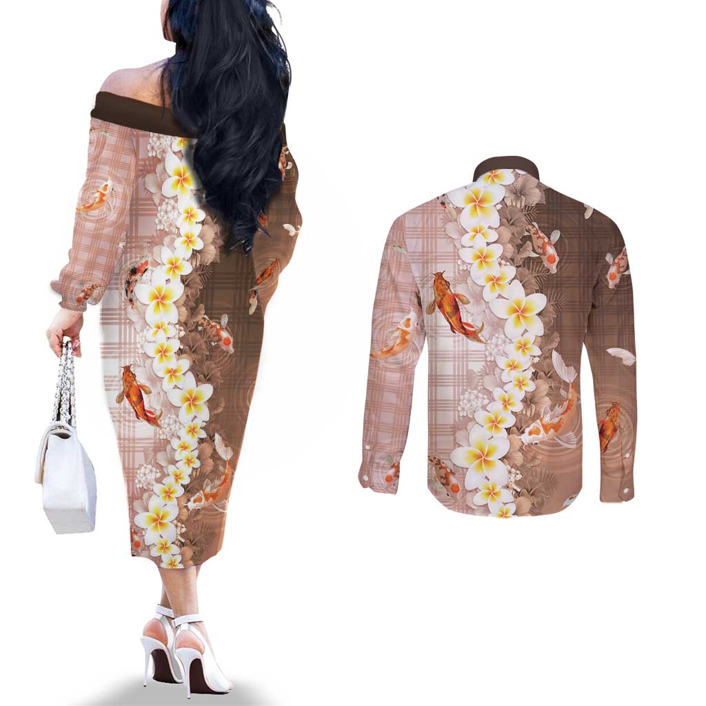 Hawaii And Japan Couples Matching Off The Shoulder Long Sleeve Dress and Long Sleeve Button Shirt Plumeria Lei With Koi Fish Beige LT05 - Polynesian Pride