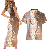 Hawaii And Japan Couples Matching Short Sleeve Bodycon Dress and Hawaiian Shirt Plumeria Lei With Koi Fish Beige LT05 - Polynesian Pride