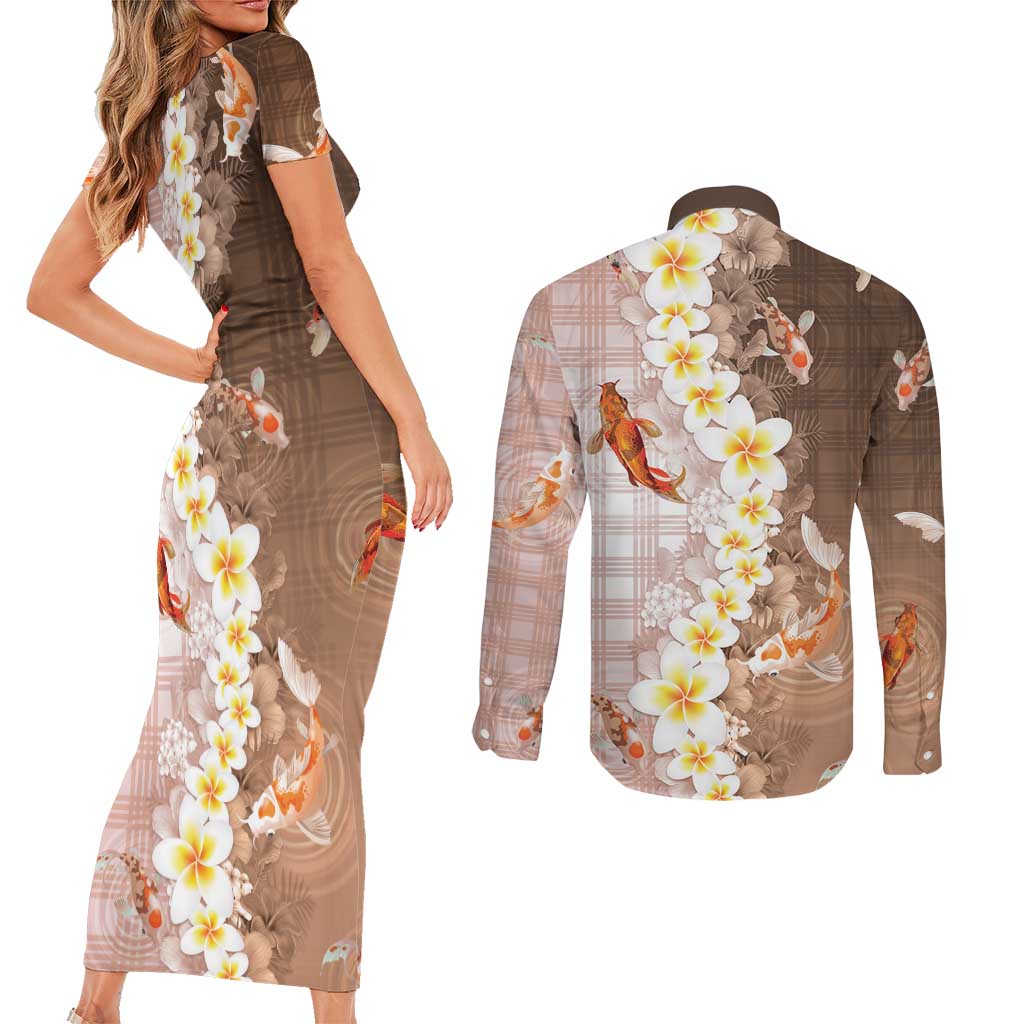 Hawaii And Japan Couples Matching Short Sleeve Bodycon Dress and Long Sleeve Button Shirt Plumeria Lei With Koi Fish Beige LT05 - Polynesian Pride