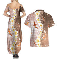 Hawaii And Japan Couples Matching Summer Maxi Dress and Hawaiian Shirt Plumeria Lei With Koi Fish Beige LT05 - Polynesian Pride