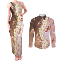 Hawaii And Japan Couples Matching Tank Maxi Dress and Long Sleeve Button Shirt Plumeria Lei With Koi Fish Beige LT05 Beige - Polynesian Pride