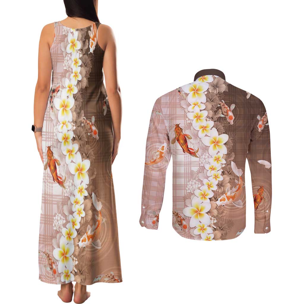 Hawaii And Japan Couples Matching Tank Maxi Dress and Long Sleeve Button Shirt Plumeria Lei With Koi Fish Beige LT05 - Polynesian Pride