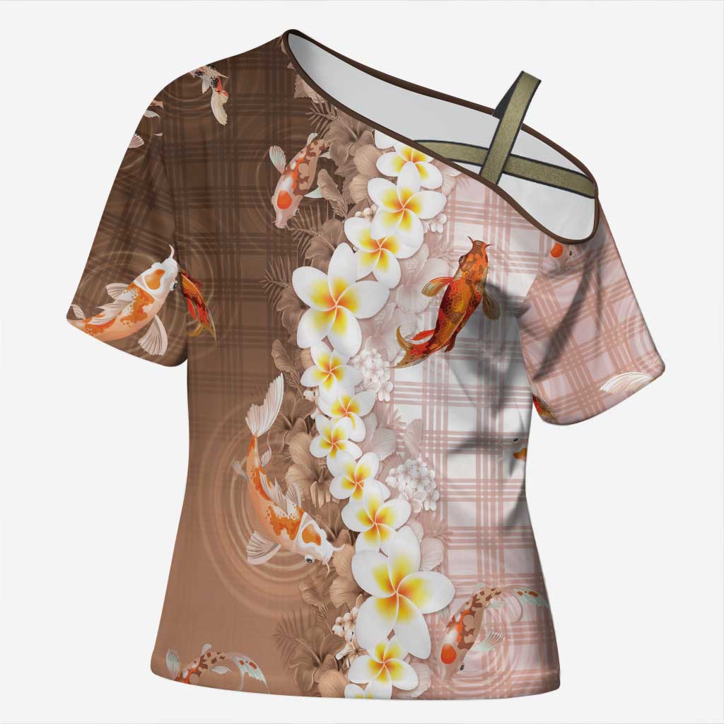 Hawaii And Japan Cross Shoulder Shirt Plumeria Lei With Koi Fish Beige - Polynesian Pride