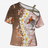 Hawaii And Japan Cross Shoulder Shirt Plumeria Lei With Koi Fish Beige - Polynesian Pride