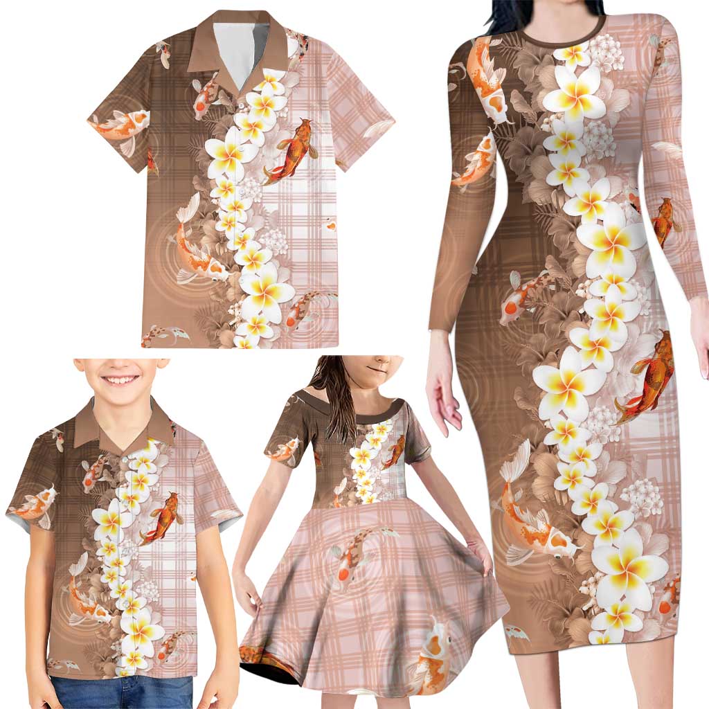 Hawaii And Japan Family Matching Long Sleeve Bodycon Dress and Hawaiian Shirt Plumeria Lei With Koi Fish Beige LT05 - Polynesian Pride