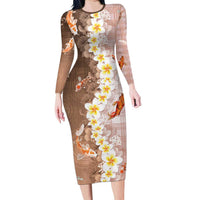 Hawaii And Japan Family Matching Long Sleeve Bodycon Dress and Hawaiian Shirt Plumeria Lei With Koi Fish Beige LT05 Mom's Dress Beige - Polynesian Pride