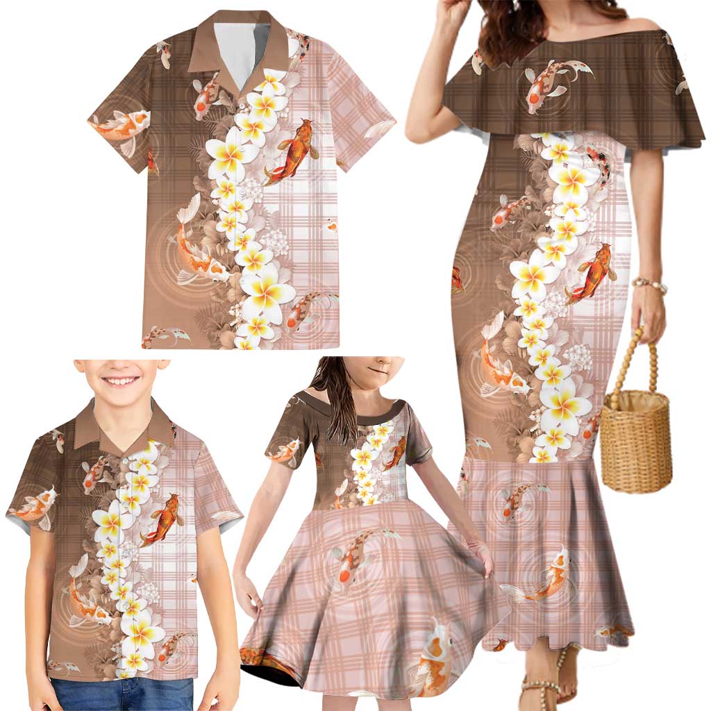 Hawaii And Japan Family Matching Mermaid Dress and Hawaiian Shirt Plumeria Lei With Koi Fish Beige LT05 - Polynesian Pride