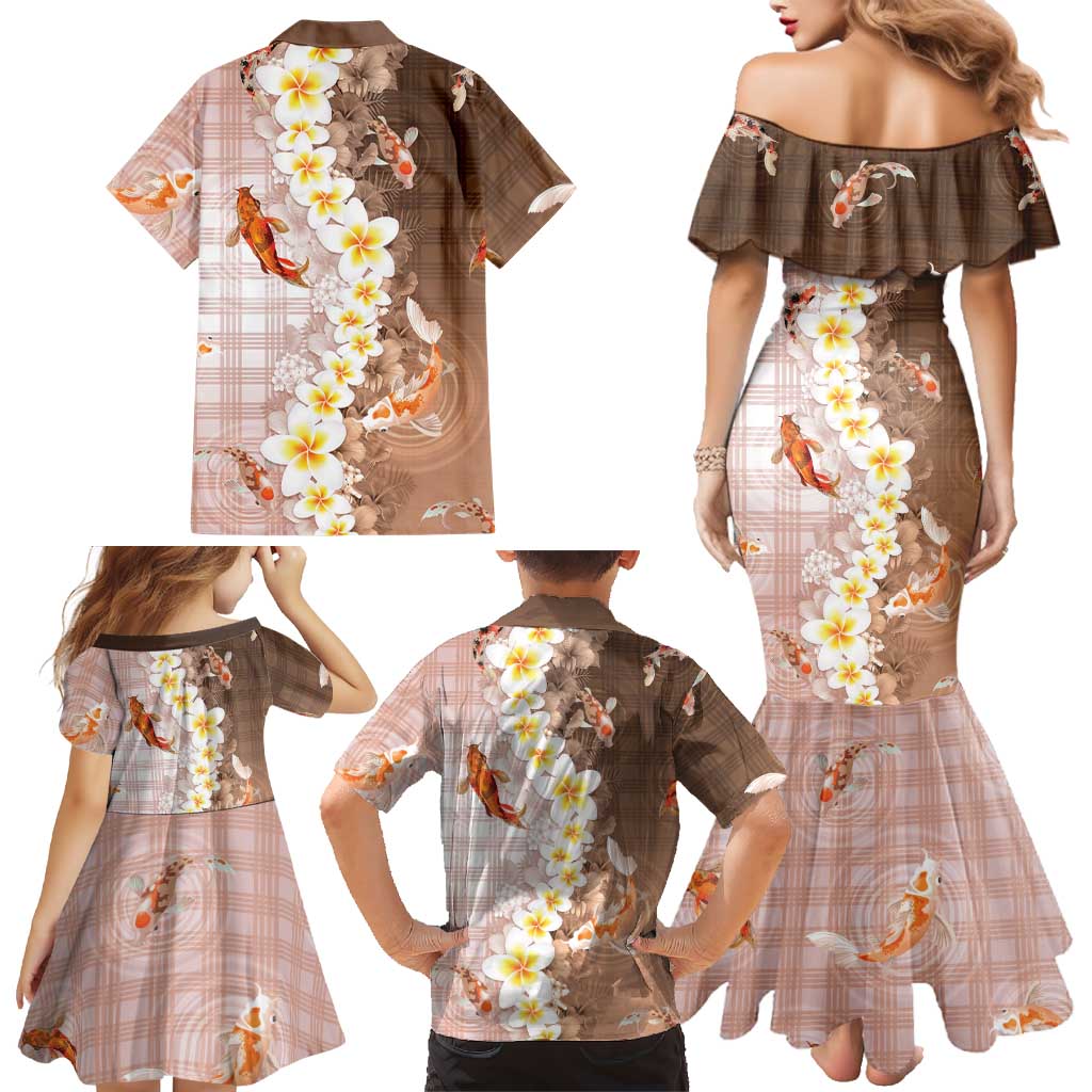 Hawaii And Japan Family Matching Mermaid Dress and Hawaiian Shirt Plumeria Lei With Koi Fish Beige LT05 - Polynesian Pride