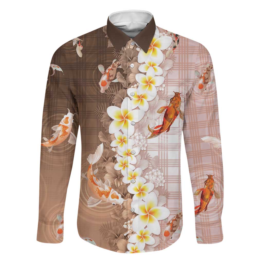 Hawaii And Japan Family Matching Off The Shoulder Long Sleeve Dress and Hawaiian Shirt Plumeria Lei With Koi Fish Beige LT05 Dad's Shirt - Long Sleeve Beige - Polynesian Pride