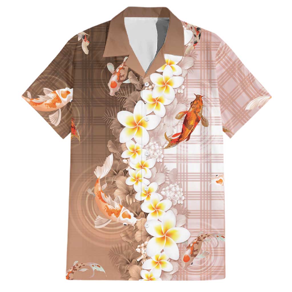 Hawaii And Japan Family Matching Off Shoulder Maxi Dress and Hawaiian Shirt Plumeria Lei With Koi Fish Beige LT05 Dad's Shirt - Short Sleeve Beige - Polynesian Pride