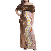 Hawaii And Japan Family Matching Off Shoulder Maxi Dress and Hawaiian Shirt Plumeria Lei With Koi Fish Beige LT05 Mom's Dress Beige - Polynesian Pride
