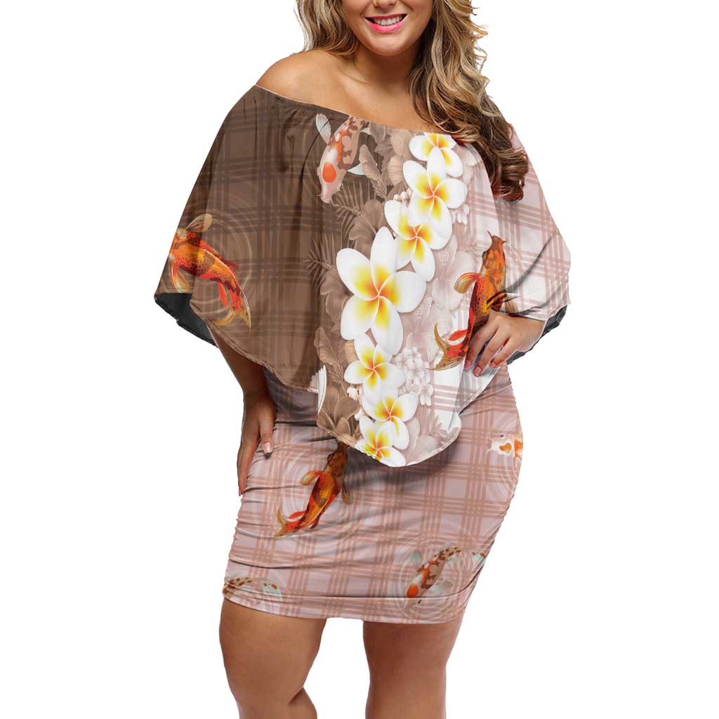Hawaii And Japan Family Matching Off Shoulder Short Dress and Hawaiian Shirt Plumeria Lei With Koi Fish Beige LT05 Mom's Dress Beige - Polynesian Pride