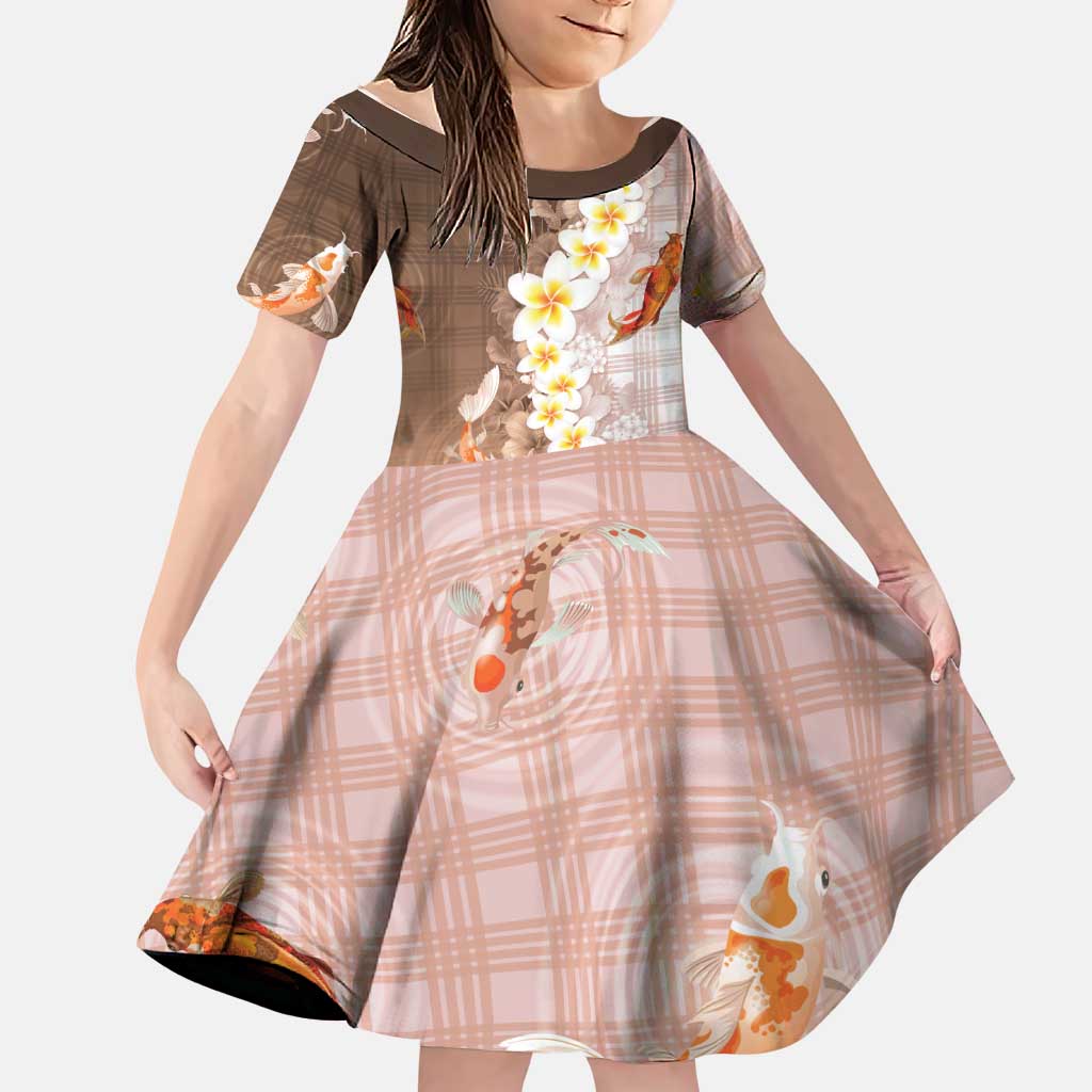 Hawaii And Japan Family Matching Tank Maxi Dress and Hawaiian Shirt Plumeria Lei With Koi Fish Beige LT05 Daughter's Dress Beige - Polynesian Pride