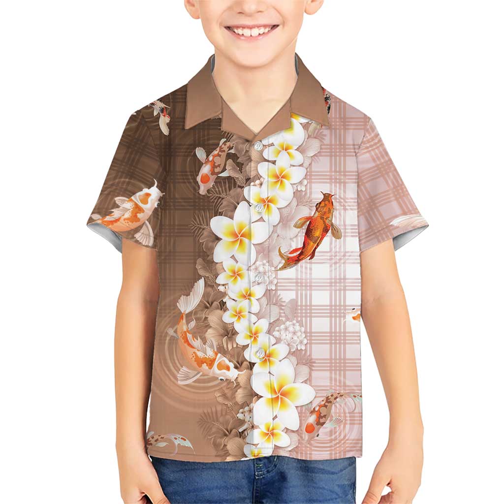 Hawaii And Japan Hawaiian Shirt Plumeria Lei With Koi Fish Beige - Polynesian Pride