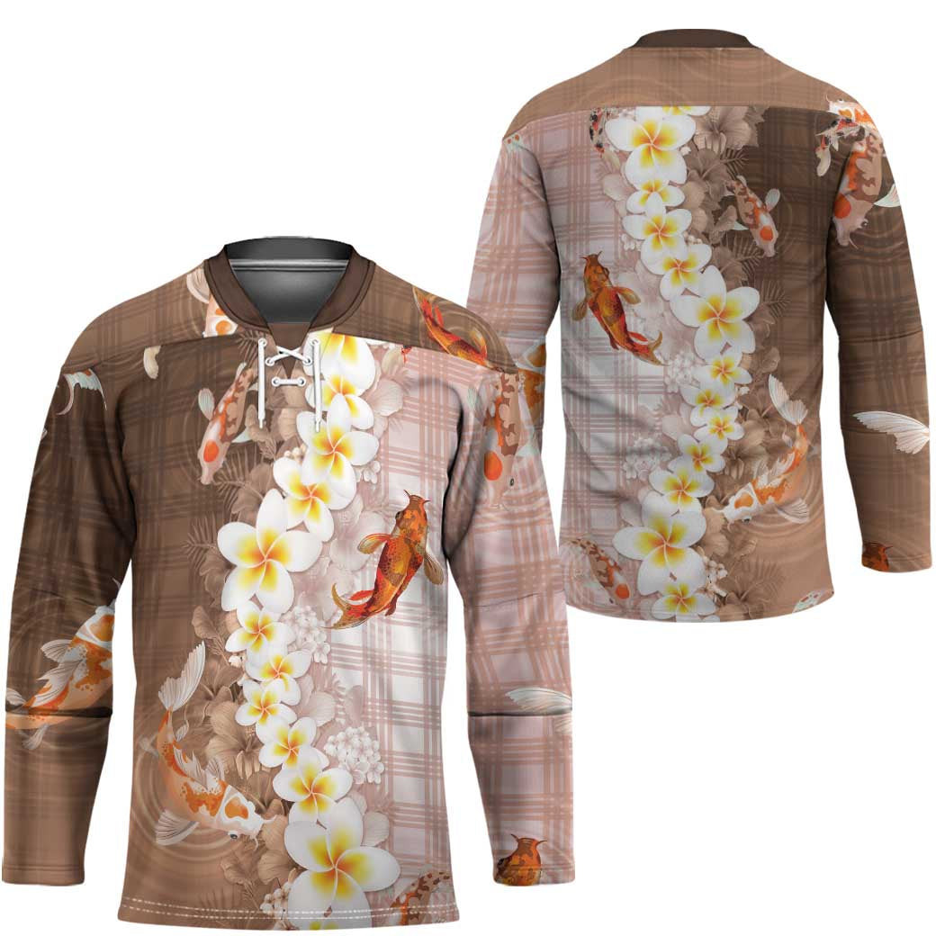 Hawaii And Japan Hockey Jersey Plumeria Lei With Koi Fish Beige - Polynesian Pride