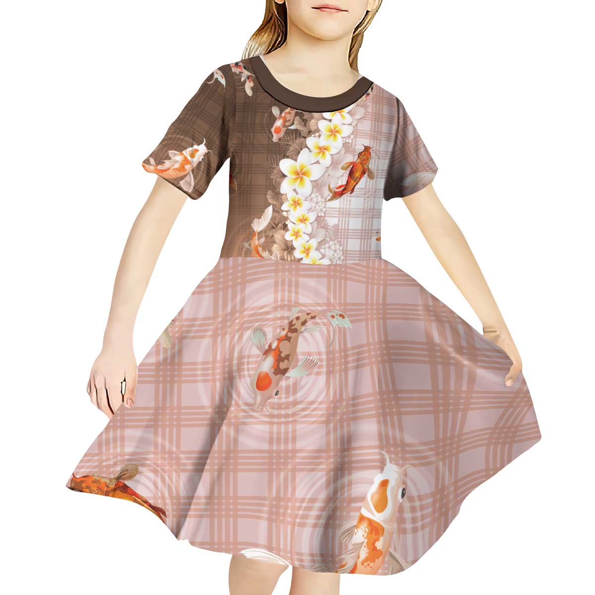 Hawaii And Japan Kid Short Sleeve Dress Plumeria Lei With Koi Fish Beige - Polynesian Pride