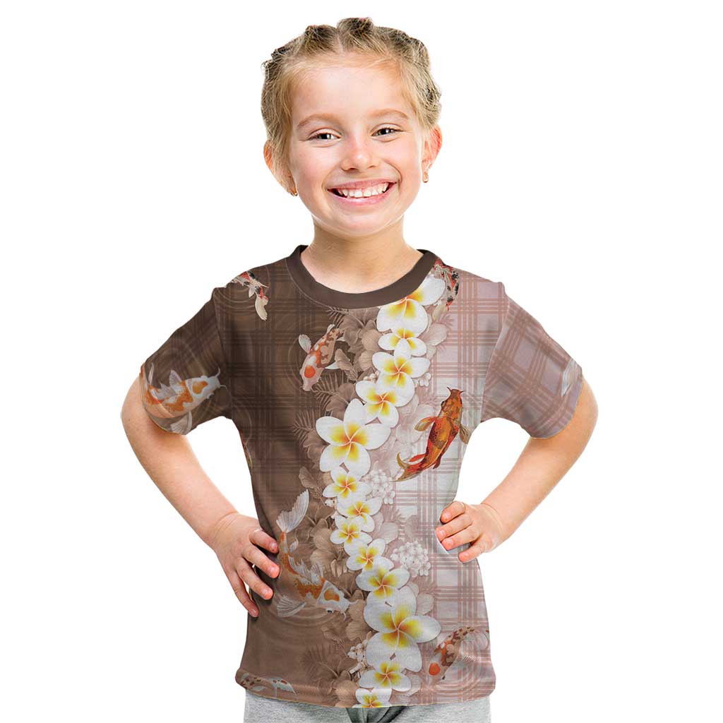 Hawaii And Japan Kid T Shirt Plumeria Lei With Koi Fish Beige - Polynesian Pride