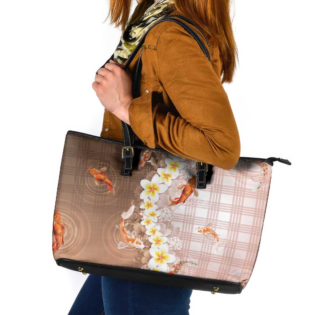 Hawaii And Japan Leather Tote Bag Plumeria Lei With Koi Fish Beige LT05 Beige - Polynesian Pride