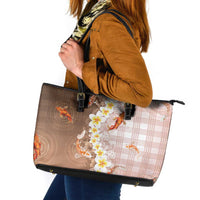 Hawaii And Japan Leather Tote Bag Plumeria Lei With Koi Fish Beige LT05 Beige - Polynesian Pride