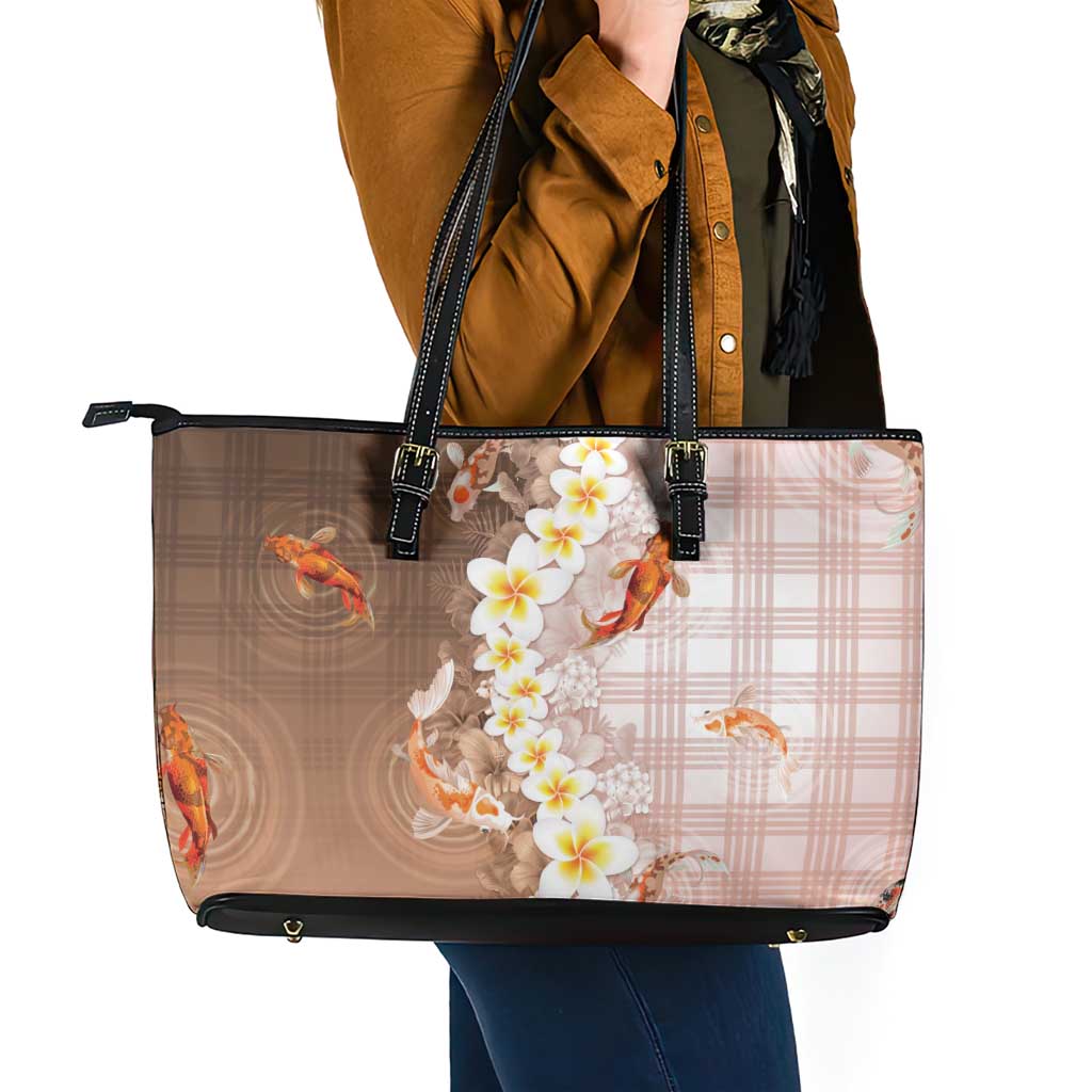 Hawaii And Japan Leather Tote Bag Plumeria Lei With Koi Fish Beige LT05 - Polynesian Pride
