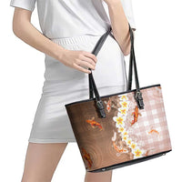 Hawaii And Japan Leather Tote Bag Plumeria Lei With Koi Fish Beige LT05 - Polynesian Pride