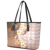 Hawaii And Japan Leather Tote Bag Plumeria Lei With Koi Fish Beige LT05 - Polynesian Pride