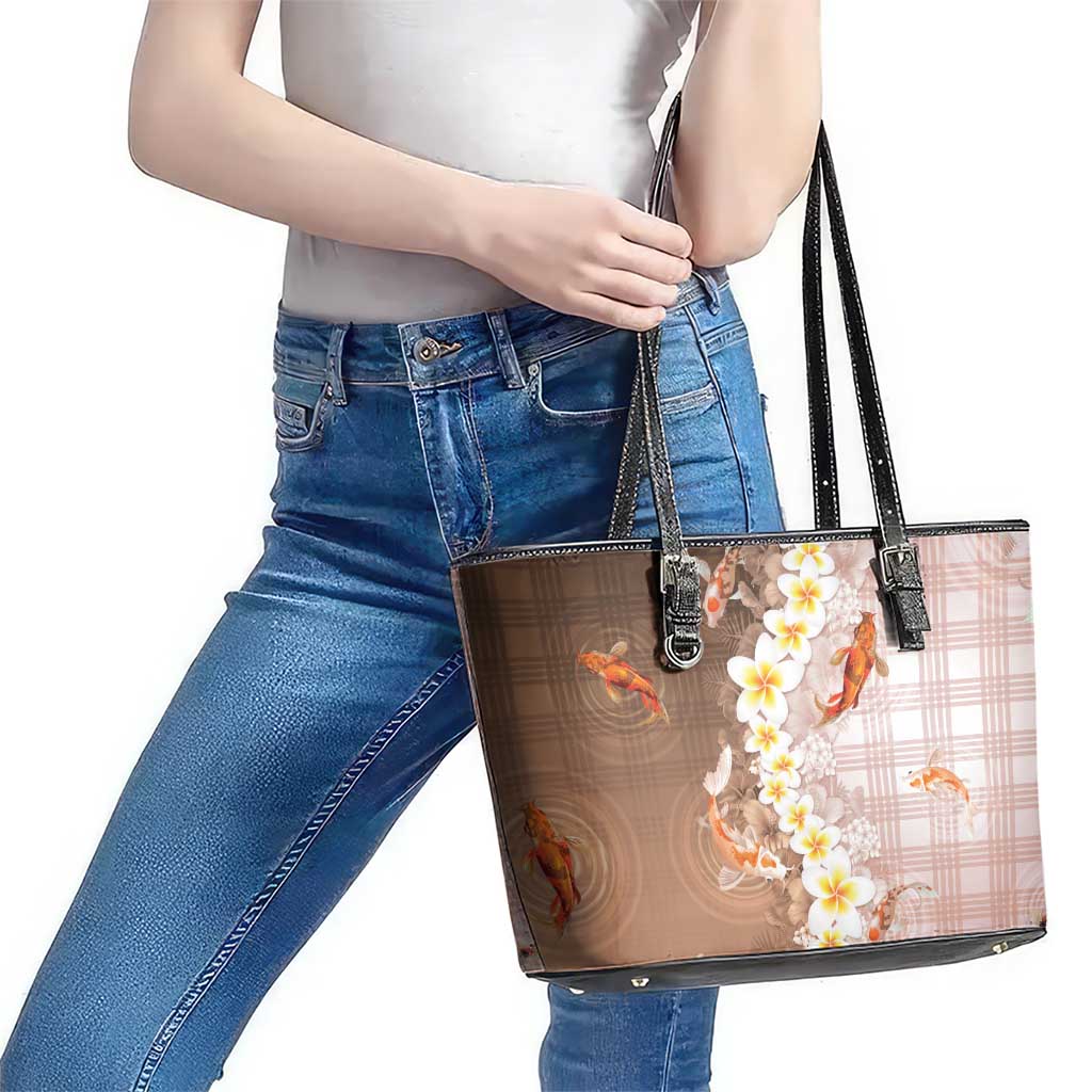 Hawaii And Japan Leather Tote Bag Plumeria Lei With Koi Fish Beige LT05 - Polynesian Pride