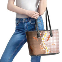 Hawaii And Japan Leather Tote Bag Plumeria Lei With Koi Fish Beige LT05 - Polynesian Pride