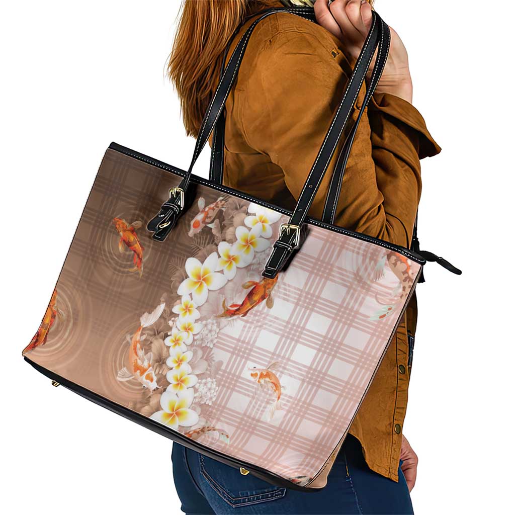 Hawaii And Japan Leather Tote Bag Plumeria Lei With Koi Fish Beige LT05 - Polynesian Pride
