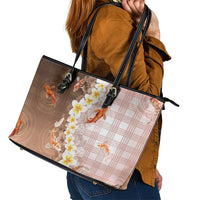 Hawaii And Japan Leather Tote Bag Plumeria Lei With Koi Fish Beige LT05 - Polynesian Pride