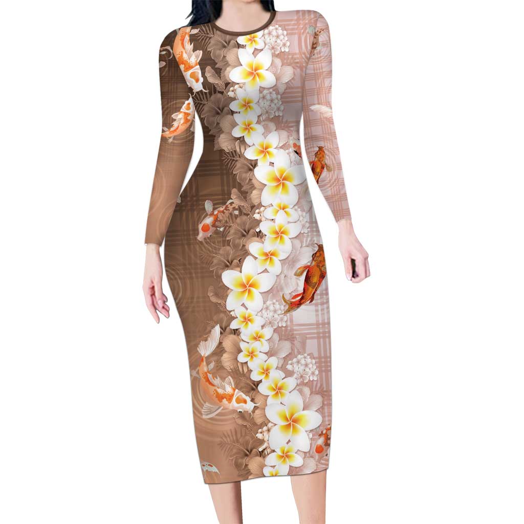 Hawaii And Japan Long Sleeve Bodycon Dress Plumeria Lei With Koi Fish Beige LT05 Long Dress Beige - Polynesian Pride