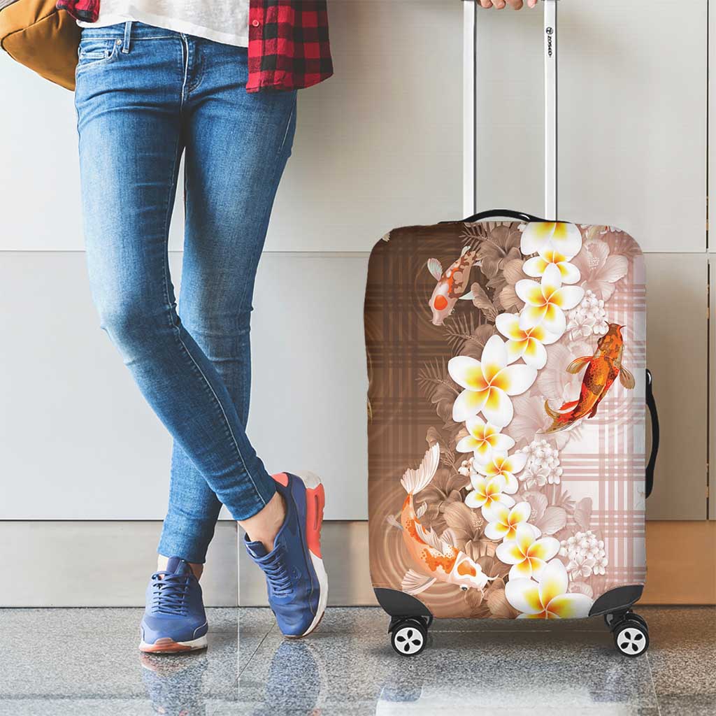 Hawaii And Japan Luggage Cover Plumeria Lei With Koi Fish Beige - Polynesian Pride