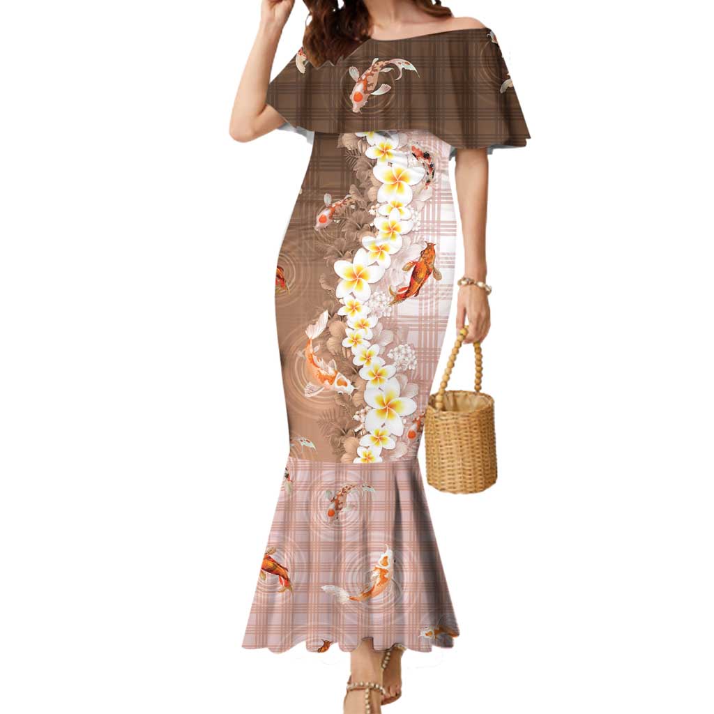 Hawaii And Japan Mermaid Dress Plumeria Lei With Koi Fish Beige LT05 Women Beige - Polynesian Pride
