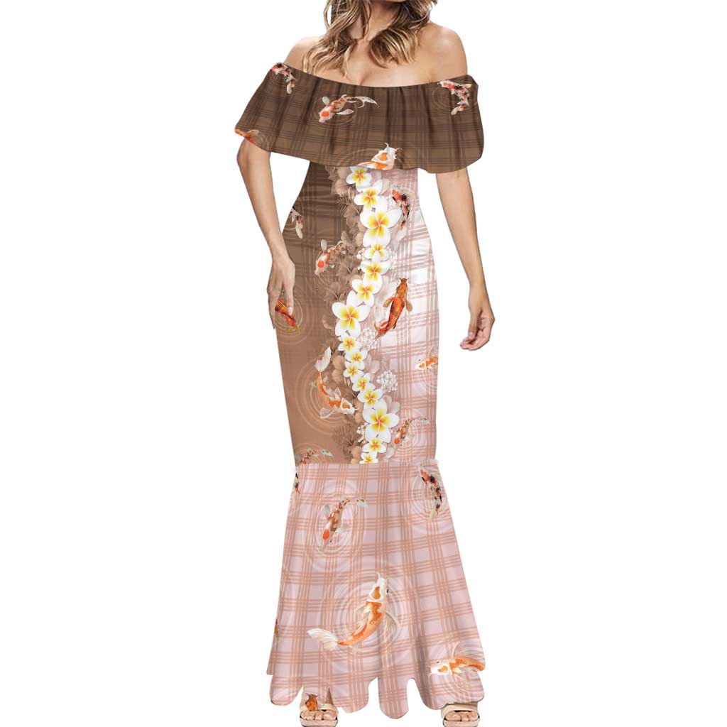 Hawaii And Japan Mermaid Dress Plumeria Lei With Koi Fish Beige LT05 - Polynesian Pride