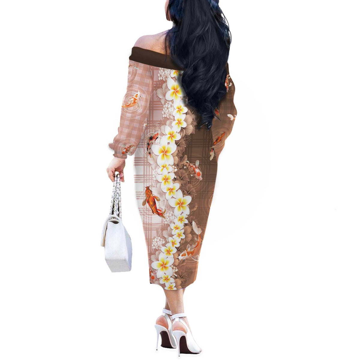 Hawaii And Japan Off The Shoulder Long Sleeve Dress Plumeria Lei With Koi Fish Beige LT05 - Polynesian Pride