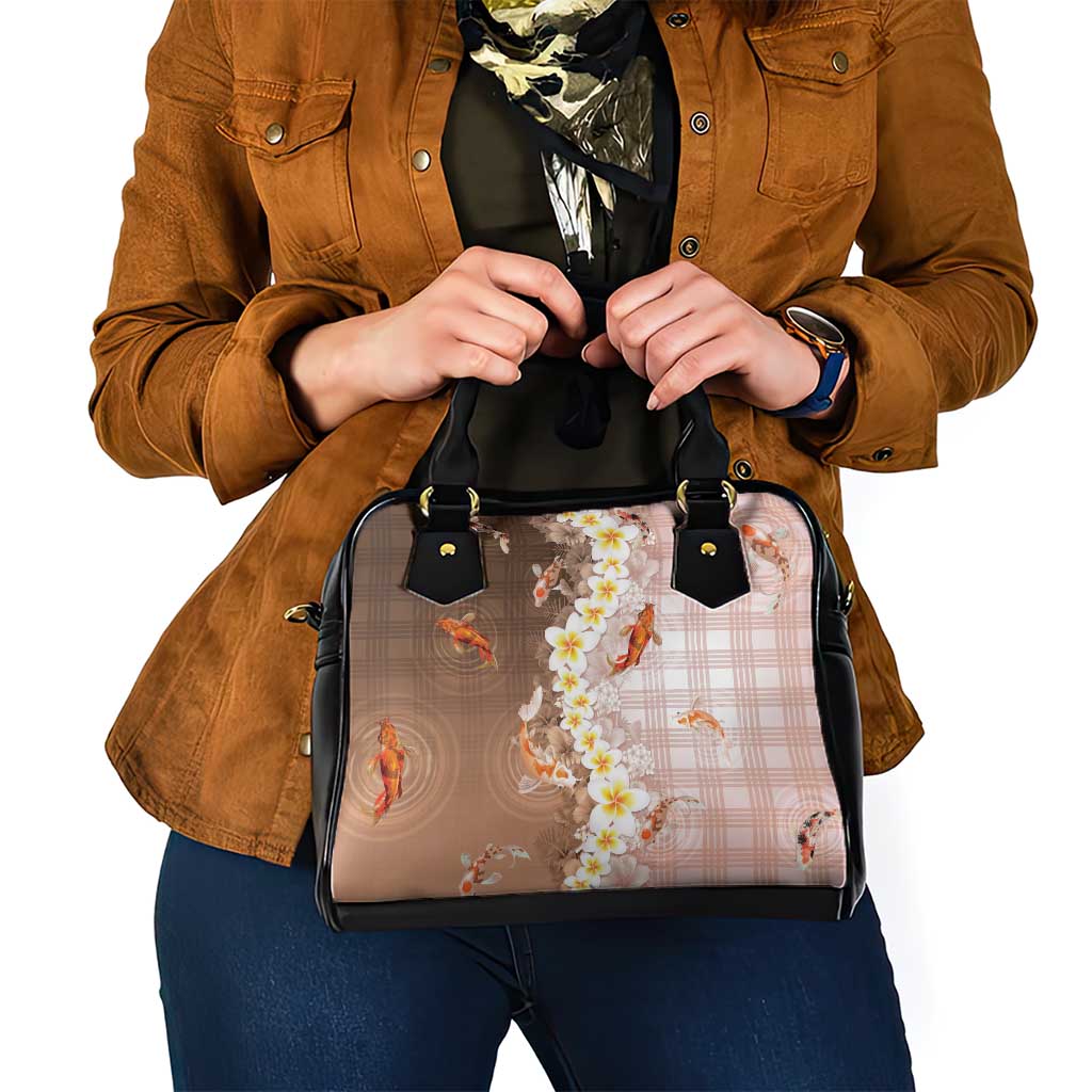 Hawaii And Japan Shoulder Handbag Plumeria Lei With Koi Fish Beige - Polynesian Pride