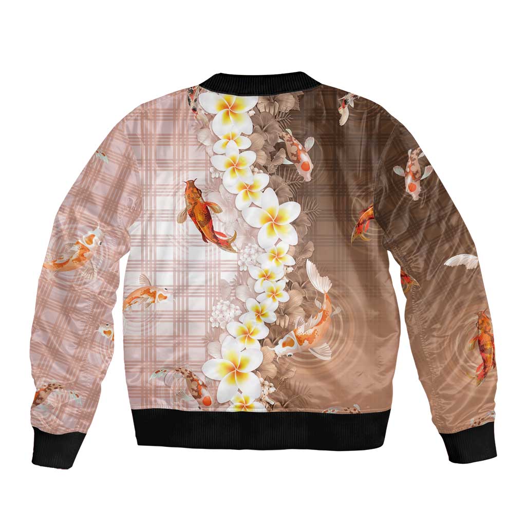 Hawaii And Japan Sleeve Zip Bomber Jacket Plumeria Lei With Koi Fish Beige - Polynesian Pride