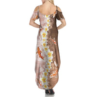 Hawaii And Japan Summer Maxi Dress Plumeria Lei With Koi Fish Beige LT05 - Polynesian Pride