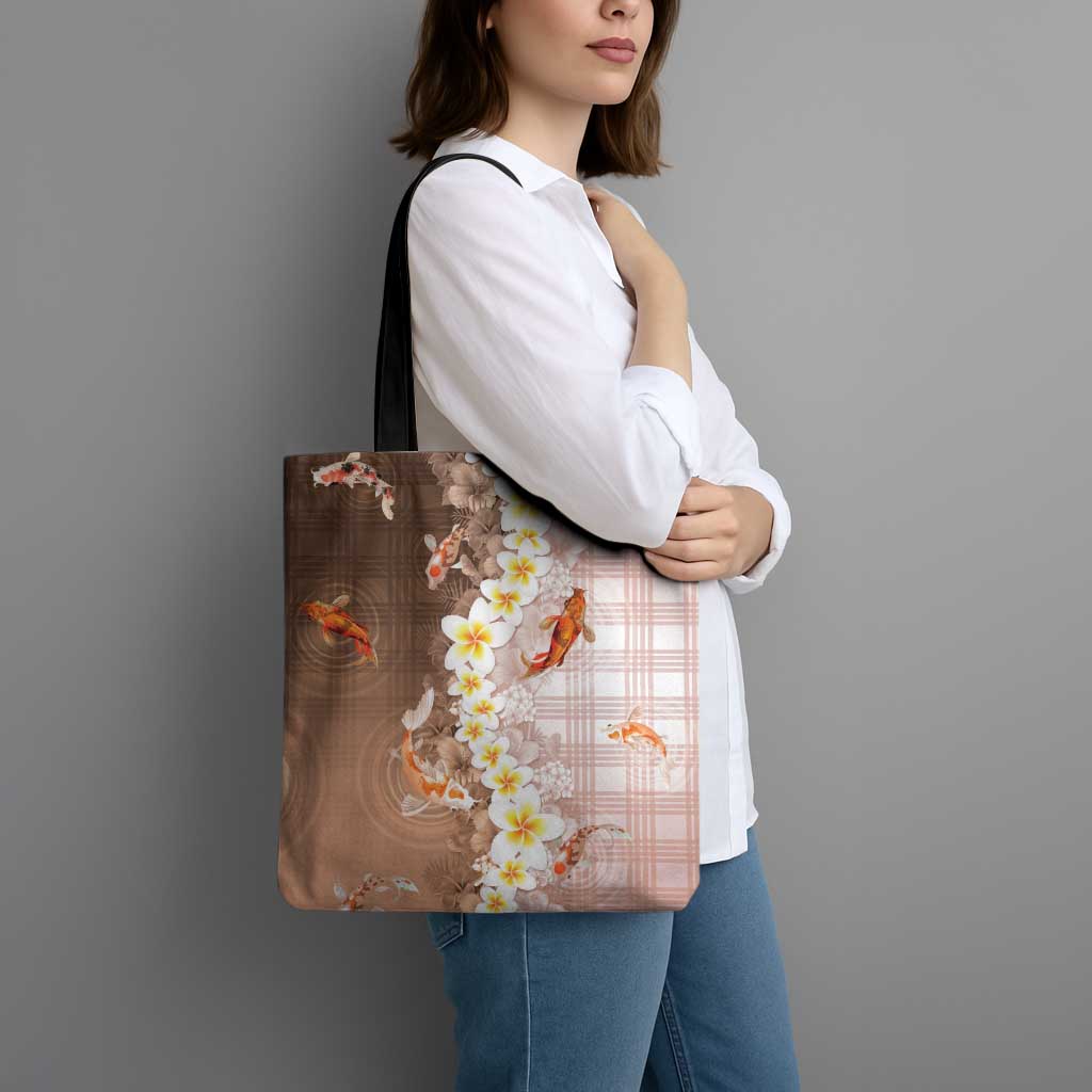 Hawaii And Japan Tote Bag Plumeria Lei With Koi Fish Beige - Polynesian Pride