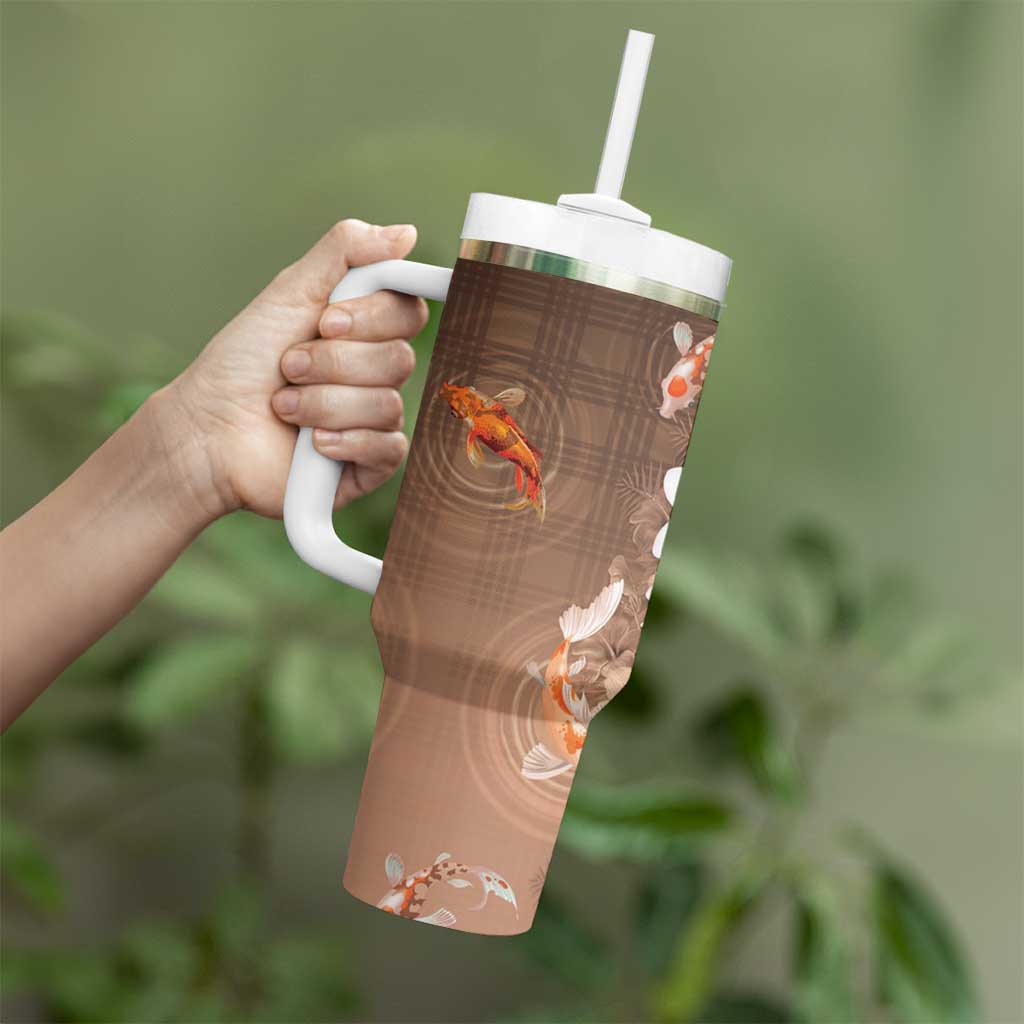 Hawaii And Japan Tumbler With Handle Plumeria Lei With Koi Fish Beige - Polynesian Pride