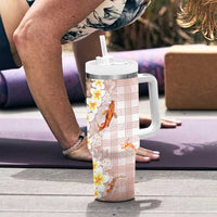 Hawaii And Japan Tumbler With Handle Plumeria Lei With Koi Fish Beige - Polynesian Pride