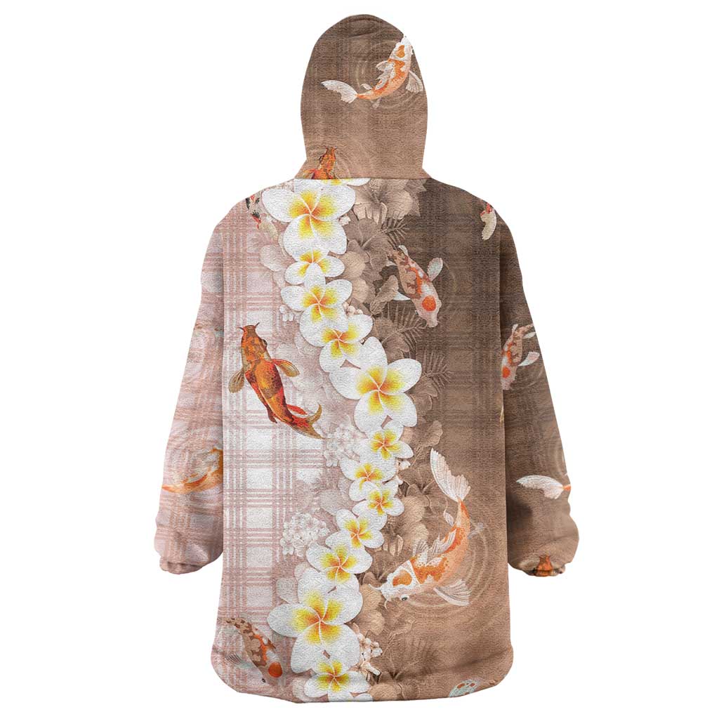 Hawaii And Japan Wearable Blanket Hoodie Plumeria Lei With Koi Fish Beige LT05 - Polynesian Pride