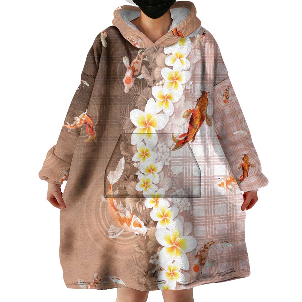 Hawaii And Japan Wearable Blanket Hoodie Plumeria Lei With Koi Fish Beige LT05 - Polynesian Pride
