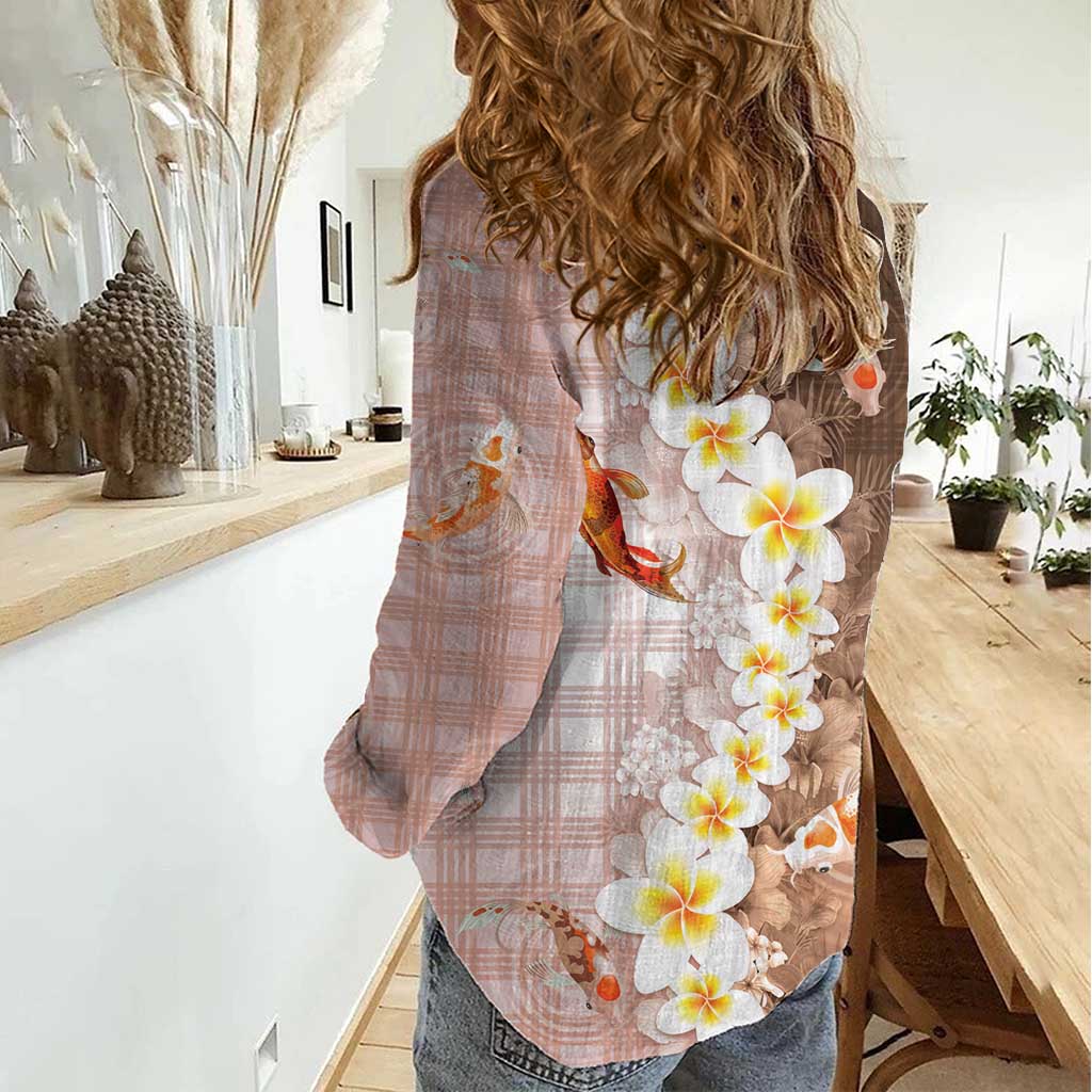 Hawaii And Japan Women Casual Shirt Plumeria Lei With Koi Fish Beige LT05 - Polynesian Pride