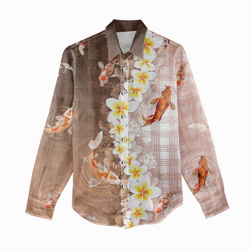 Hawaii And Japan Women Casual Shirt Plumeria Lei With Koi Fish Beige LT05 - Polynesian Pride
