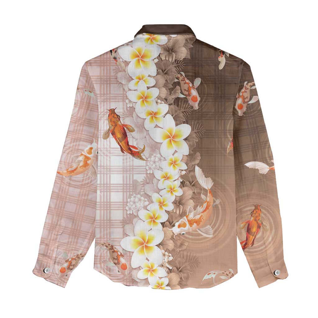 Hawaii And Japan Women Casual Shirt Plumeria Lei With Koi Fish Beige LT05 - Polynesian Pride