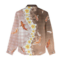 Hawaii And Japan Women Casual Shirt Plumeria Lei With Koi Fish Beige LT05 - Polynesian Pride