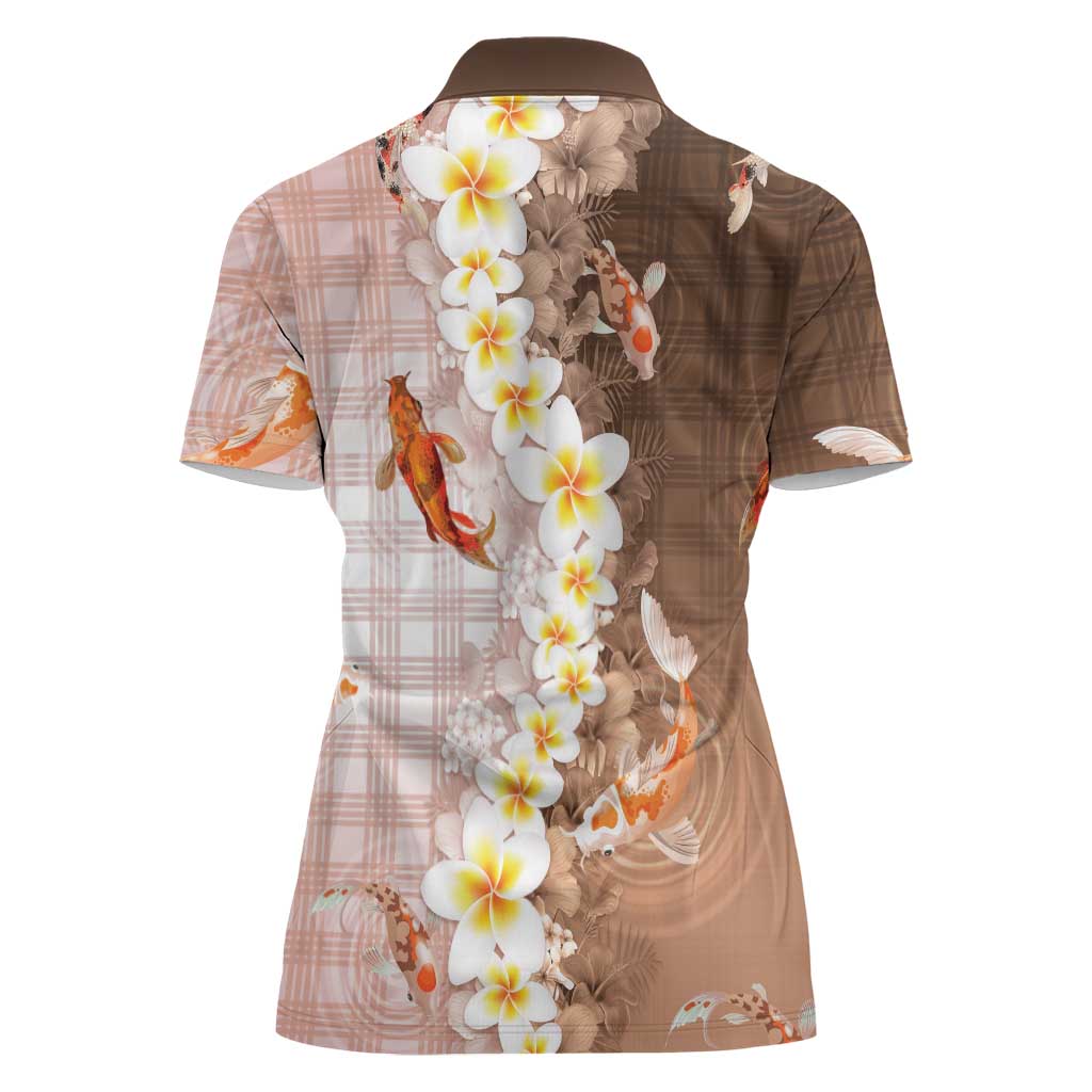 Hawaii And Japan Women Polo Shirt Plumeria Lei With Koi Fish Beige LT05 - Polynesian Pride