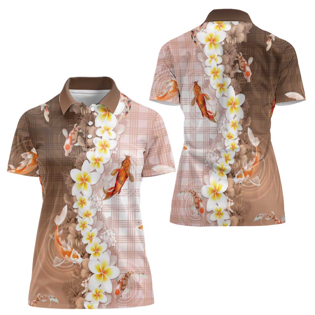 Hawaii And Japan Women Polo Shirt Plumeria Lei With Koi Fish Beige LT05 - Polynesian Pride