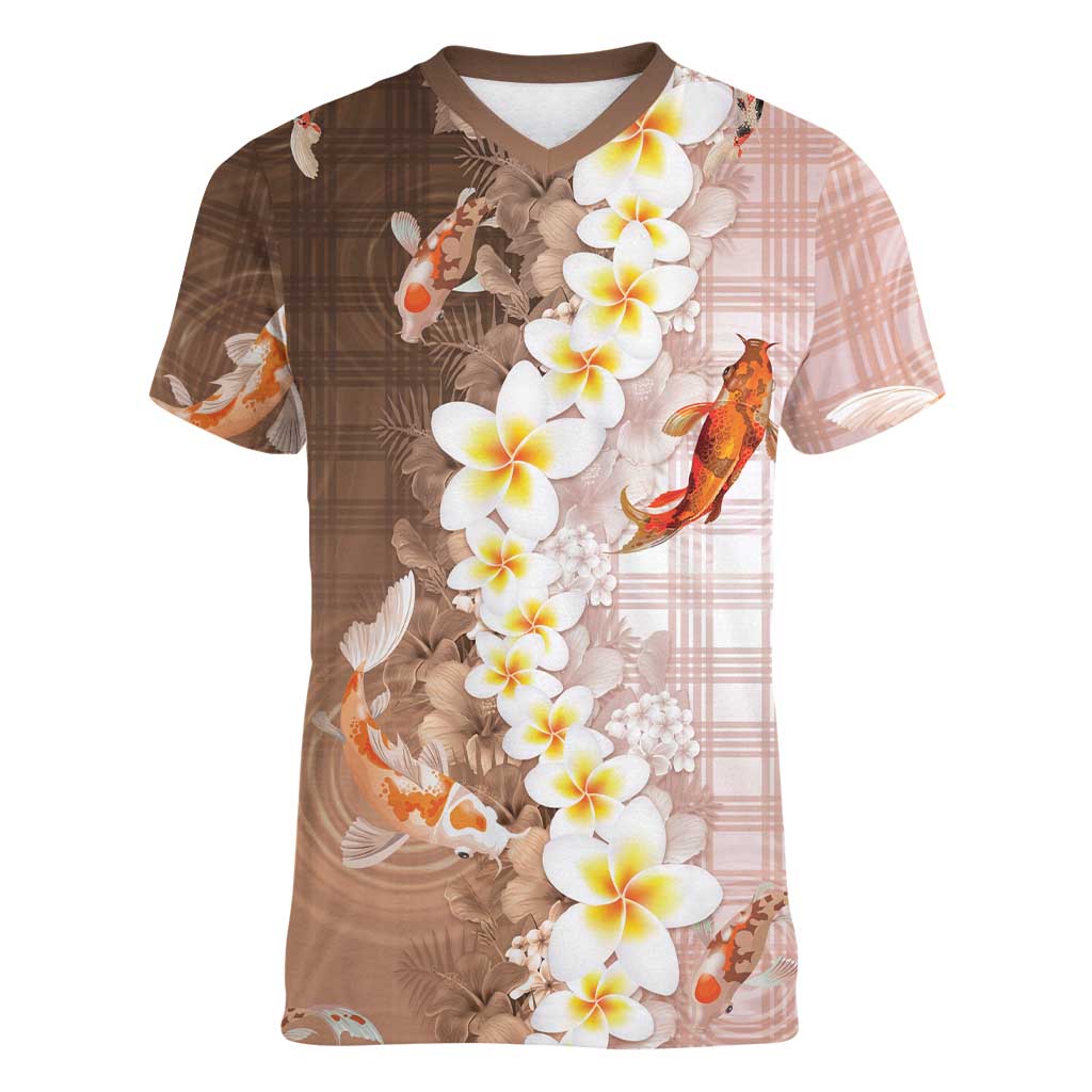 Hawaii And Japan Women V-Neck T-Shirt Plumeria Lei With Koi Fish Beige LT05 Female Beige - Polynesian Pride